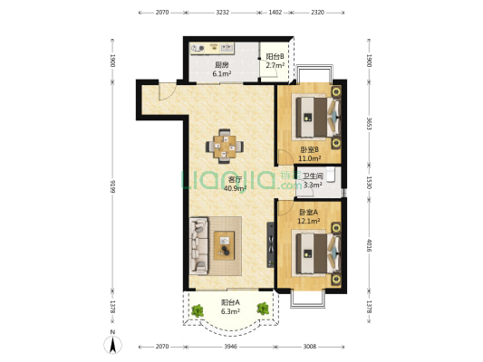 松园小筑 2室1厅1卫 105平方