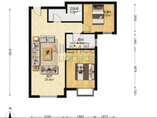 急售三利b区精装自住两居，价格美丽-户型图