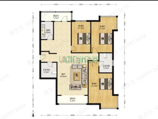 金竹花园南北通透大三居，视野开阔，配套齐全。-户型图