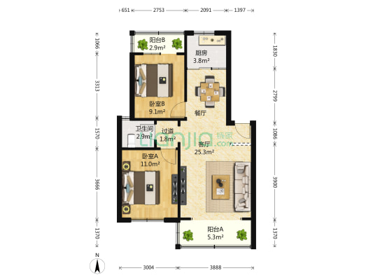 竹满人家 2室1厅1卫 83平方