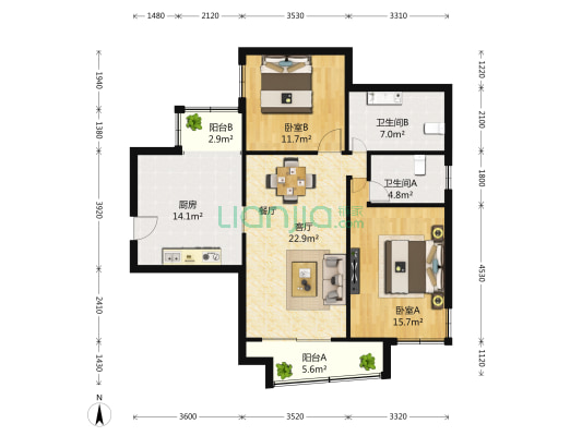 金台苑 2室2厅2卫 97平方