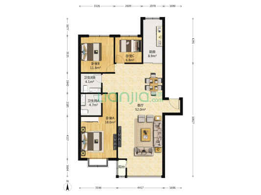 心宁苑 3室1厅2卫 139平方