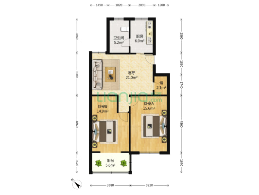 金汇园 2室2厅1卫 87平方