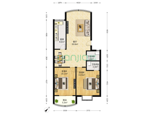 九亩地 2室1厅2卫 110平方