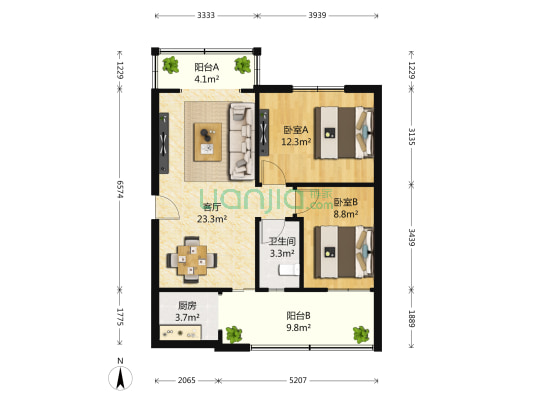 龙安街2号 2室1厅1卫 77平方
