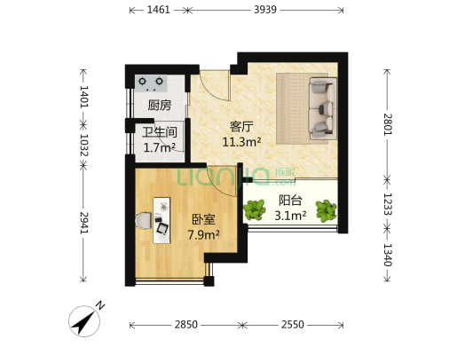 景山花园二期 1室1厅1卫 32平方