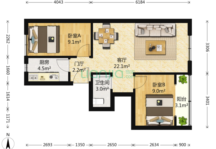 2室1厅1卫68.3㎡-北京安慧里一区户型图