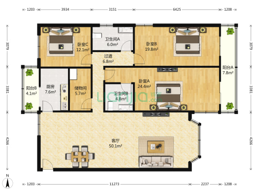 华馨公寓 3室1厅2卫 187平方
