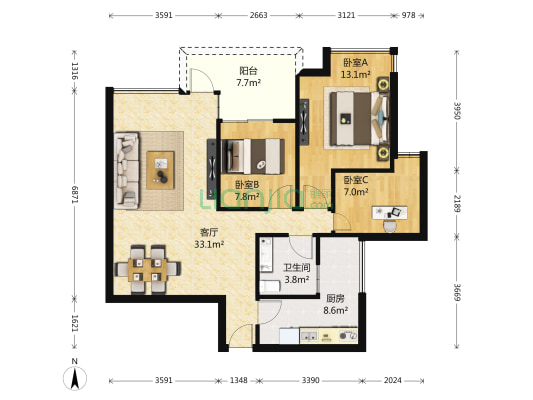 四海宜家 3室1厅1卫 103平方