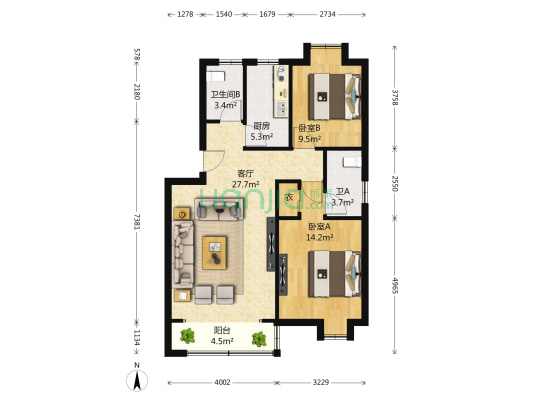 景馨园 2室1厅2卫 98平方