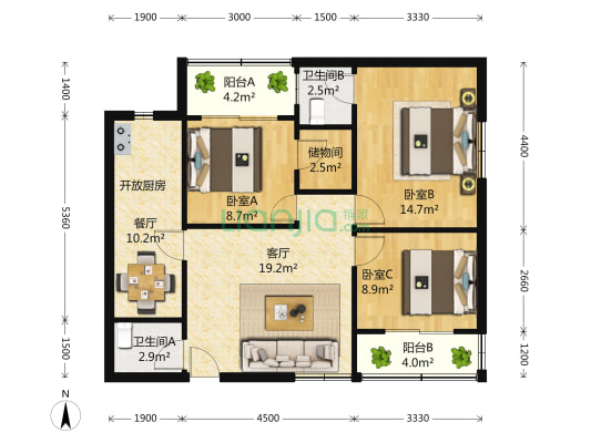 九龙花苑 3室2厅2卫 132平方