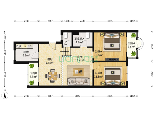 芳草苑 2室2厅2卫 93平方