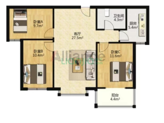 涿州惠友万悦城全南精装三居室房本满二-户型图