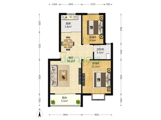 鸿福花苑 2室1厅1卫 92平方