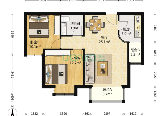 2室1厅1卫85.12㎡-北京彩虹城一区户型图
