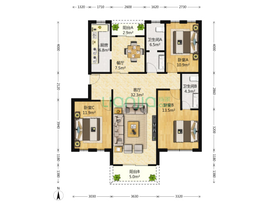 浦江花苑 3室2厅2卫 124平方