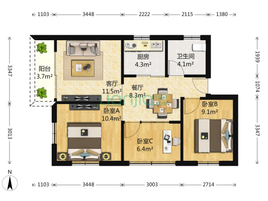 局口街 3室2厅1卫 68平方