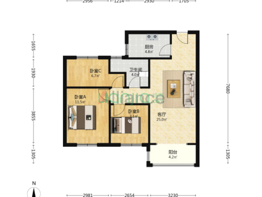 涿州城西 桃源新都孔雀城91平通透明厨明卫三居中间层-户型图
