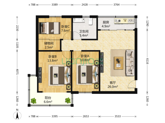 今日家园丹桂居 3室1厅1卫 94平方