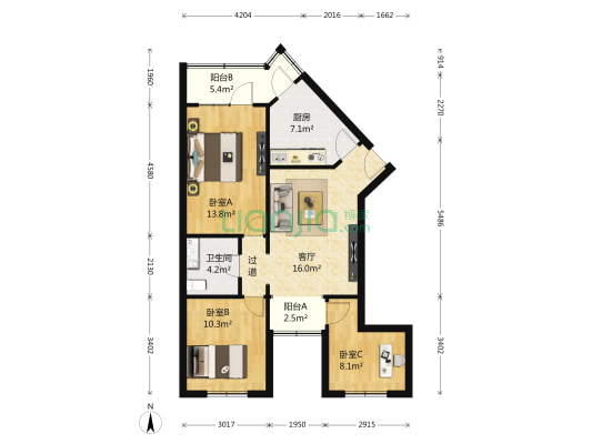 金顶北路九号院 3室1厅1卫 89平方