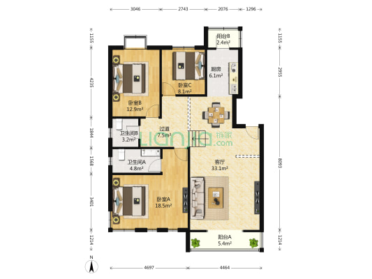 新东方家园 3室1厅2卫 137平方