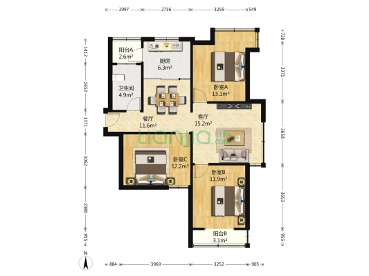 黄金怡海苑一期 3室2厅1卫 114平方