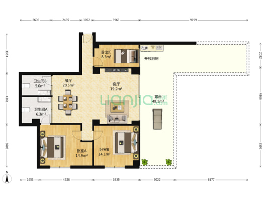 一元花园 3室2厅2卫 104平方