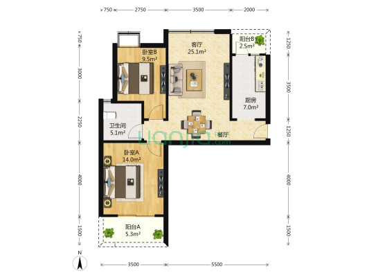 万达城市公寓 2室1厅1卫 79平方
