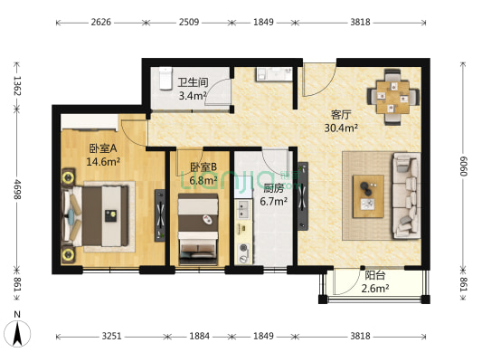 苹果派 2室1厅1卫 82平方
