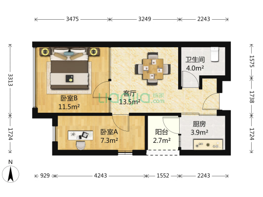 丽湾国际公寓 2室1厅 北
