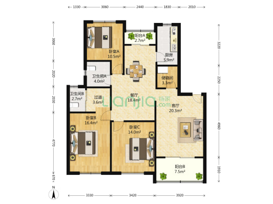 良辰美景公寓 3室2厅1卫 133平方