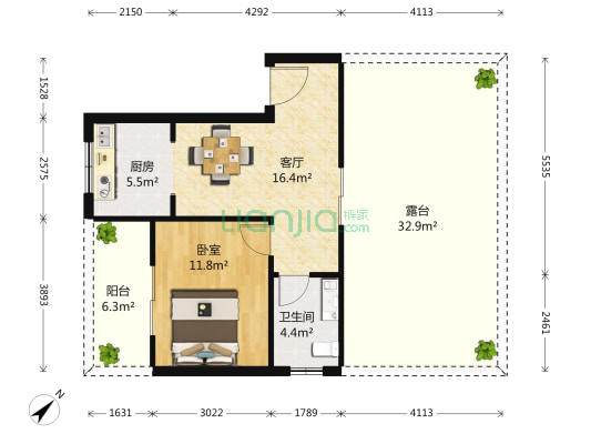 蔚蓝花城B区 1室1厅1卫 54平方