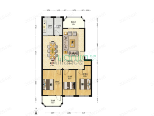 南北通透大三居，户型方正，明厨明卫，集中供暖-户型图