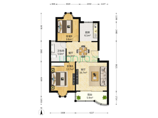 锦绣花园 2室2厅1卫 86平方