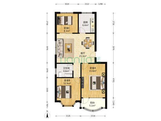 康大海港苑北区 3室1厅1卫 93平方