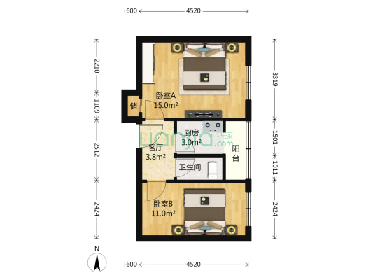 百万庄南街 2室1厅1卫 50平方