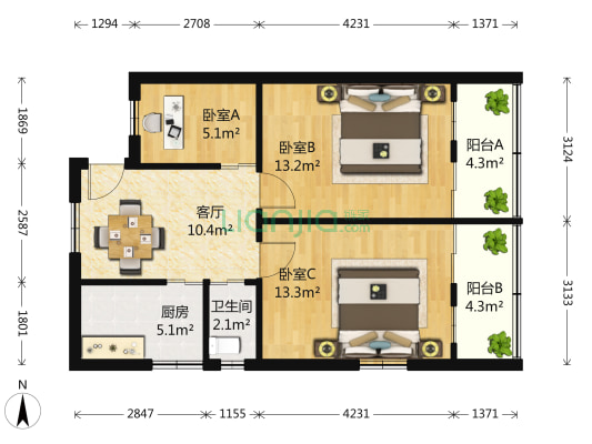 虎踞北路183号 3室1厅1卫 81平方