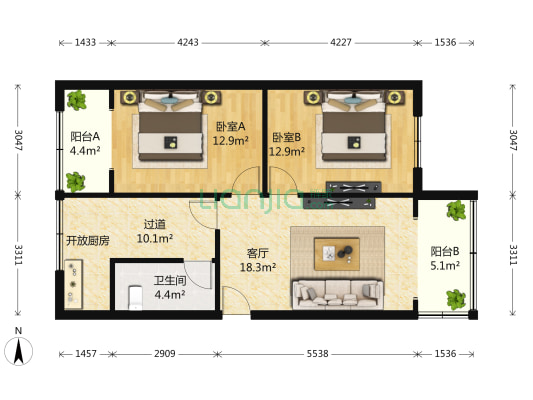 洛阳路188号 2室1厅1卫 77平方