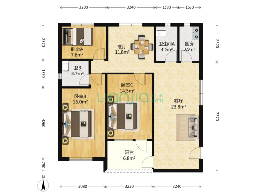 沪华公寓 3室2厅2卫 131平方