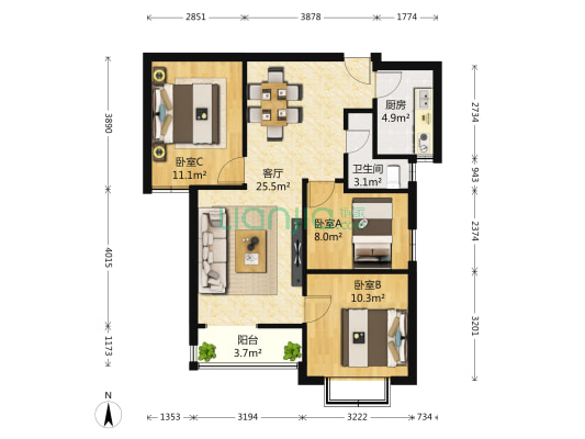 路劲御景城 3室1厅1卫 88平方