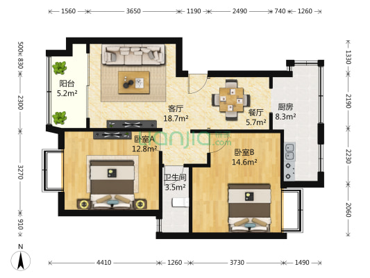 明丰新纪苑 2室2厅1卫 86平方