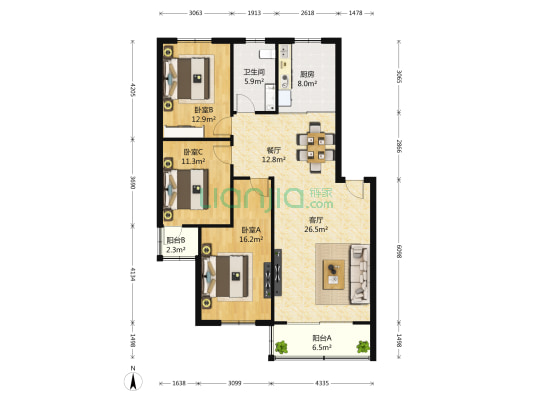 厦航洪文小区 3室2厅1卫 115平方