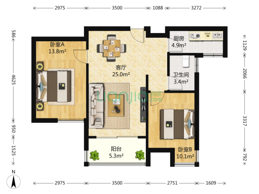 亲湖苑A区 2室1厅1卫 86平方