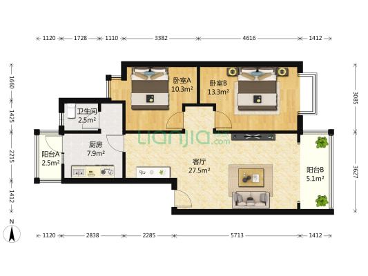 翠晨记 2室1厅1卫 80平方