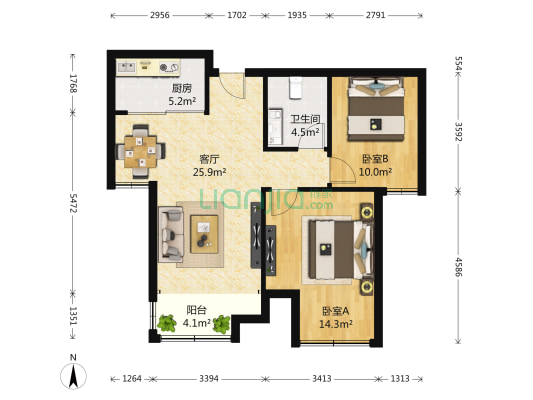 海信凤凰金岸 2室1厅1卫 88平方