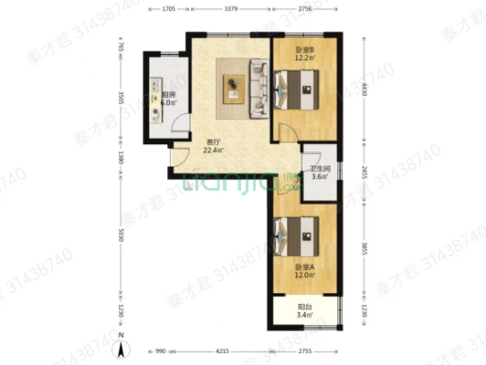 水岸花城 2室1厅 南 北-户型图