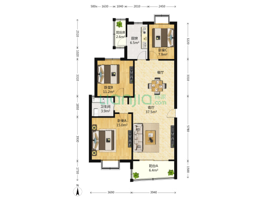 东瑞公寓 3室2厅1卫 119平方