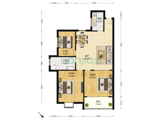 龙门居 3室1厅1卫 120平方