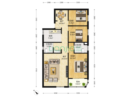 振新大厦 3室2厅2卫 153平方