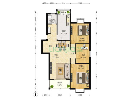 东方丰甸苑(公寓) 3室2厅1卫 107平方